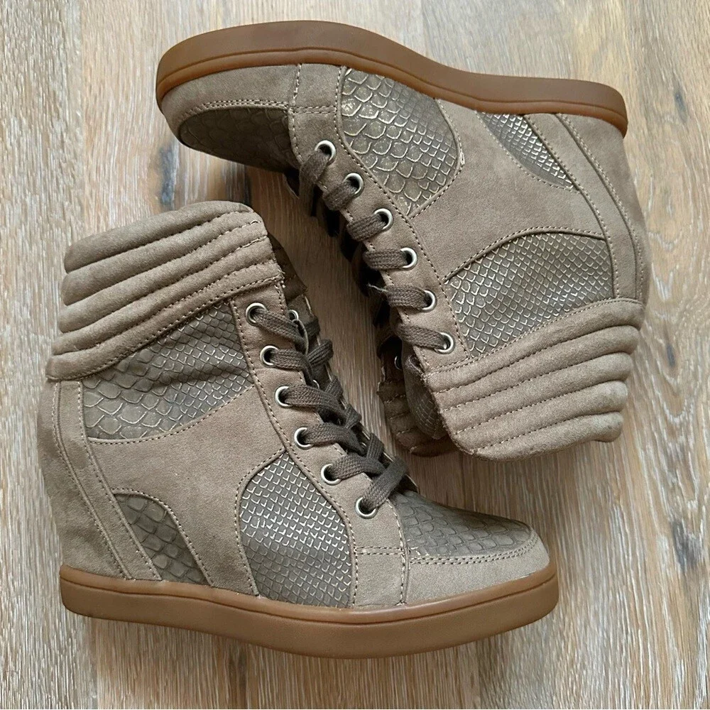 Call It Spring Taupe Tan Faux Suede Booties Hidden Wedge Hidden Heel - US 7